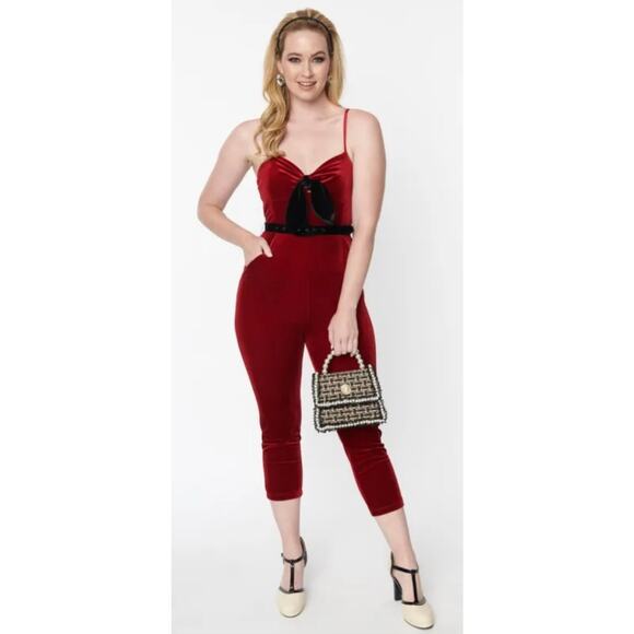 Unique Vintage Dark Red Velvet Crop Jumpsuit 4X 22 24 NWOT - Picture 1 of 3